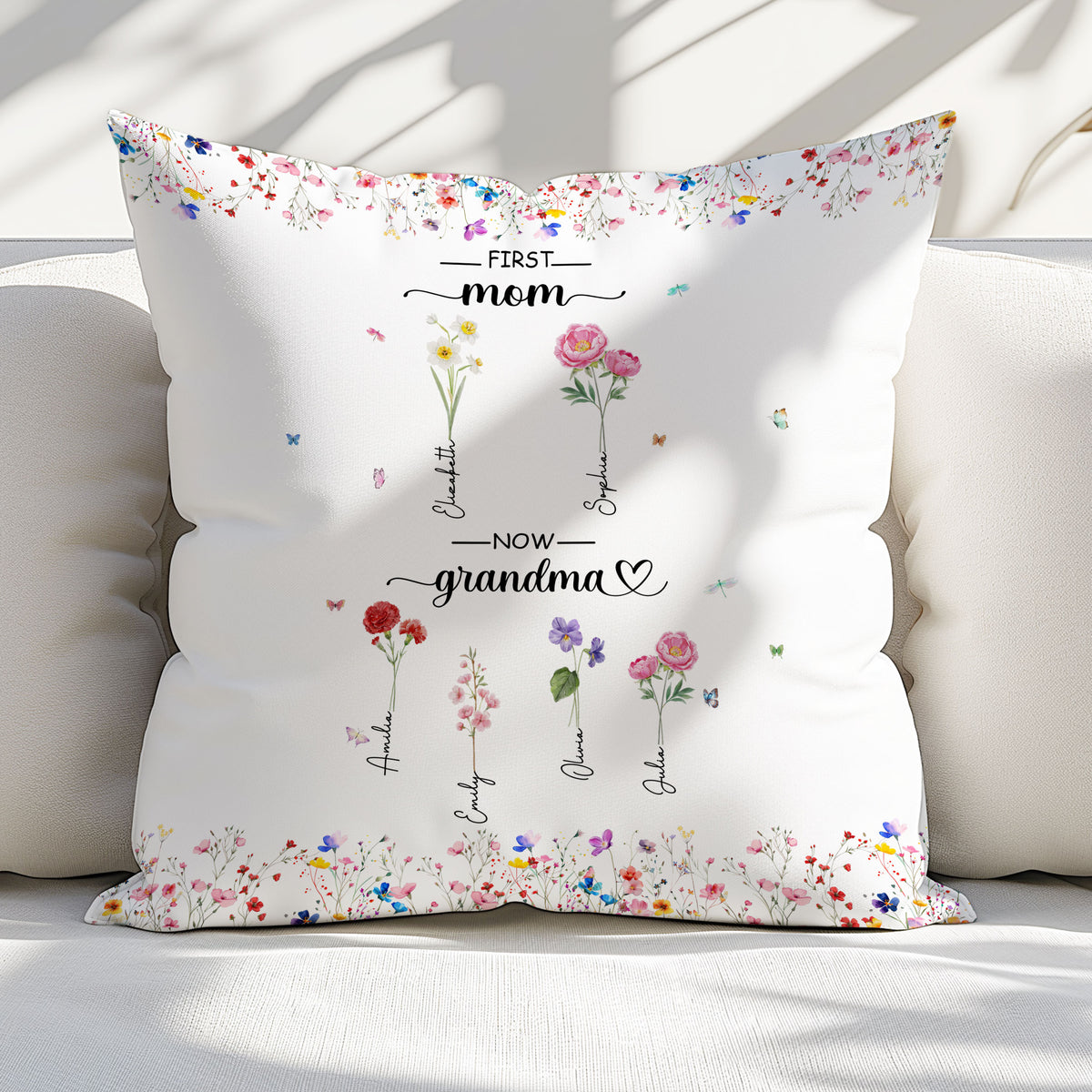 "First Mom Now Grandma" Personalized Pillow. Custom Grandchild Name and Birth Flower. Heartfelt Gift for Grandma.