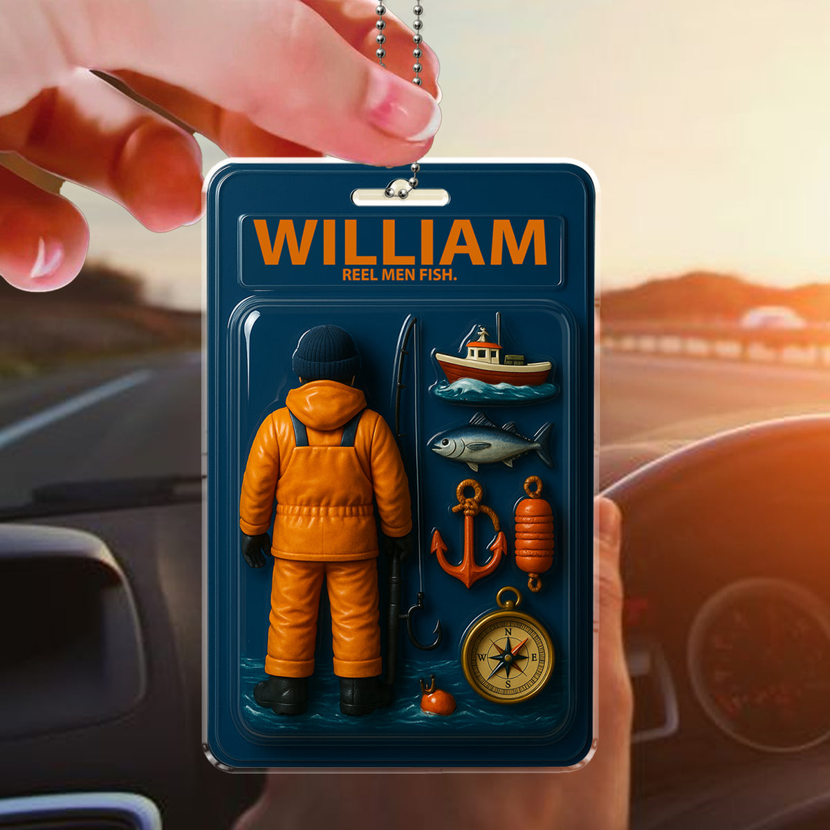 Funny Fisherman Car Ornament - Personalized with Name & "Reel Men Fish" 