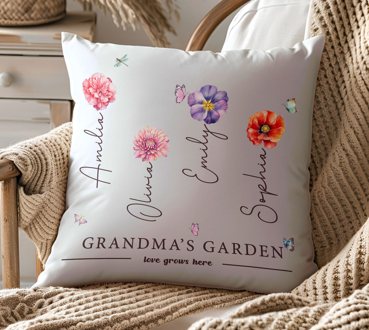 Garden-themed pillow with Grandchild's Name - personalized gift for Grandma