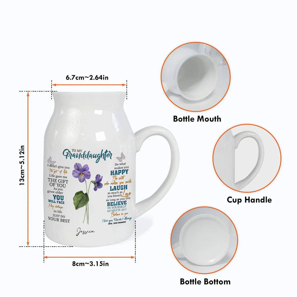 Ceramic birth flower vase sizing diagram showing height, width, bottle mouth, handle and bottom views