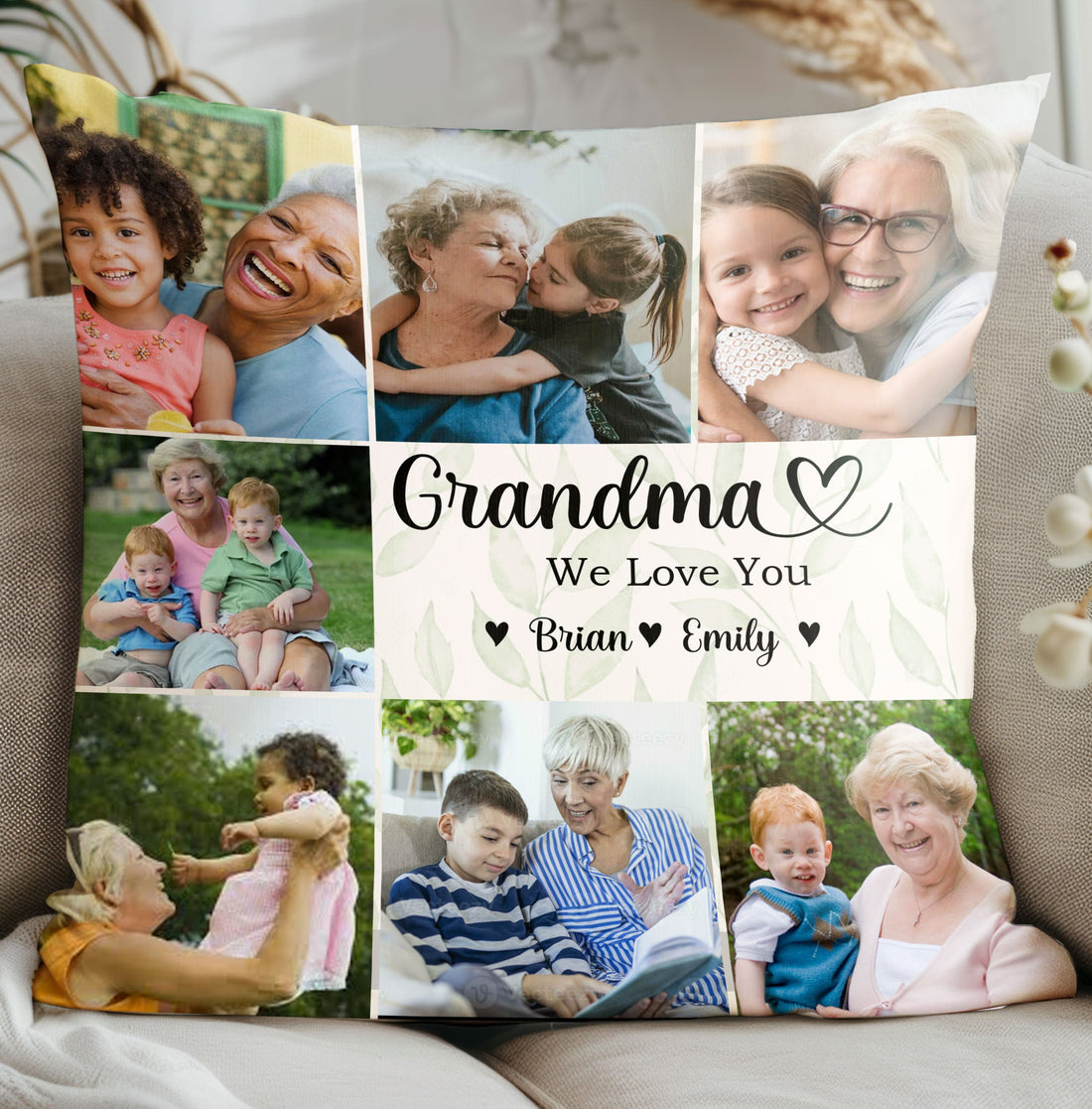 Grandma We Love You Custom Grandchild's Name With Birth Flower Pillow, Gift For Mom, Gift For Grandma, Birthday Gift, Mother's Day Gift