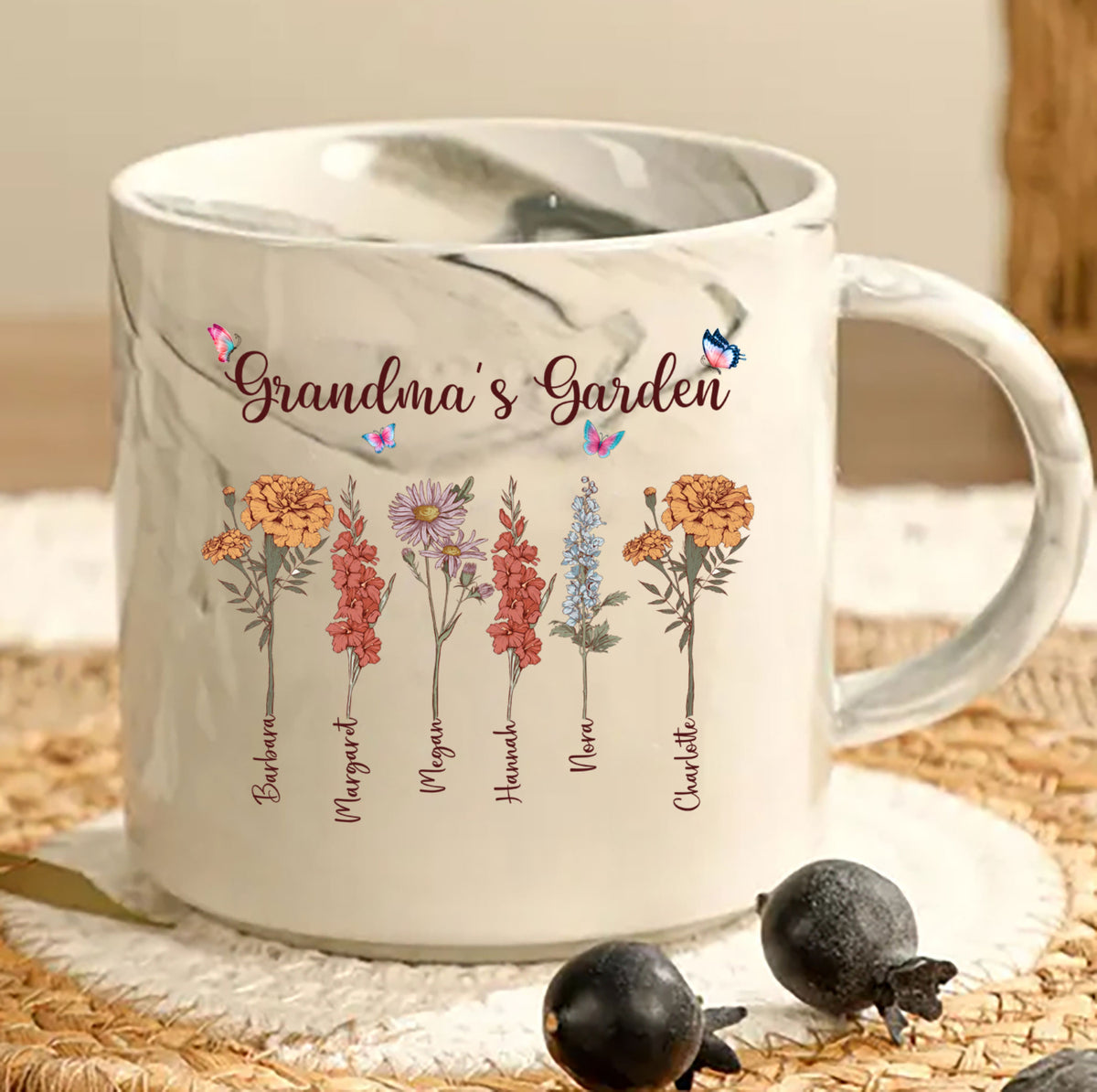 Grandma's Garden Custom Grandchild's Name With Birth Flower Marble Mug, Gift For Mom, Gift For Grandma