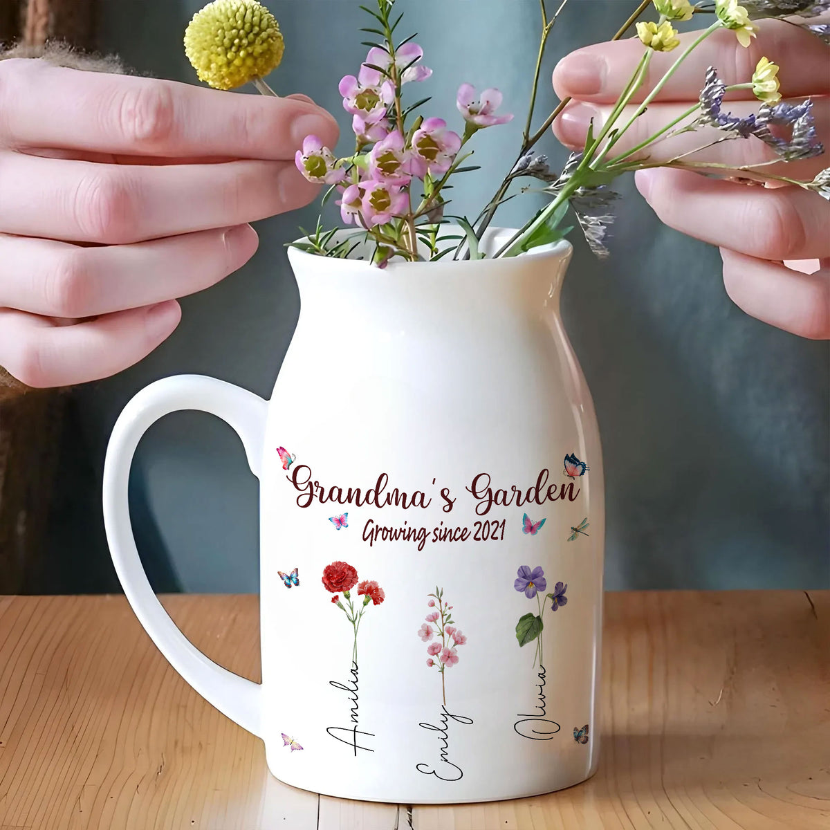 Grandma's Garden Growing Since Birth Flower Personalized Ceramic Vase, Custom Grandma Gift, Custom Mother's Day Gift
