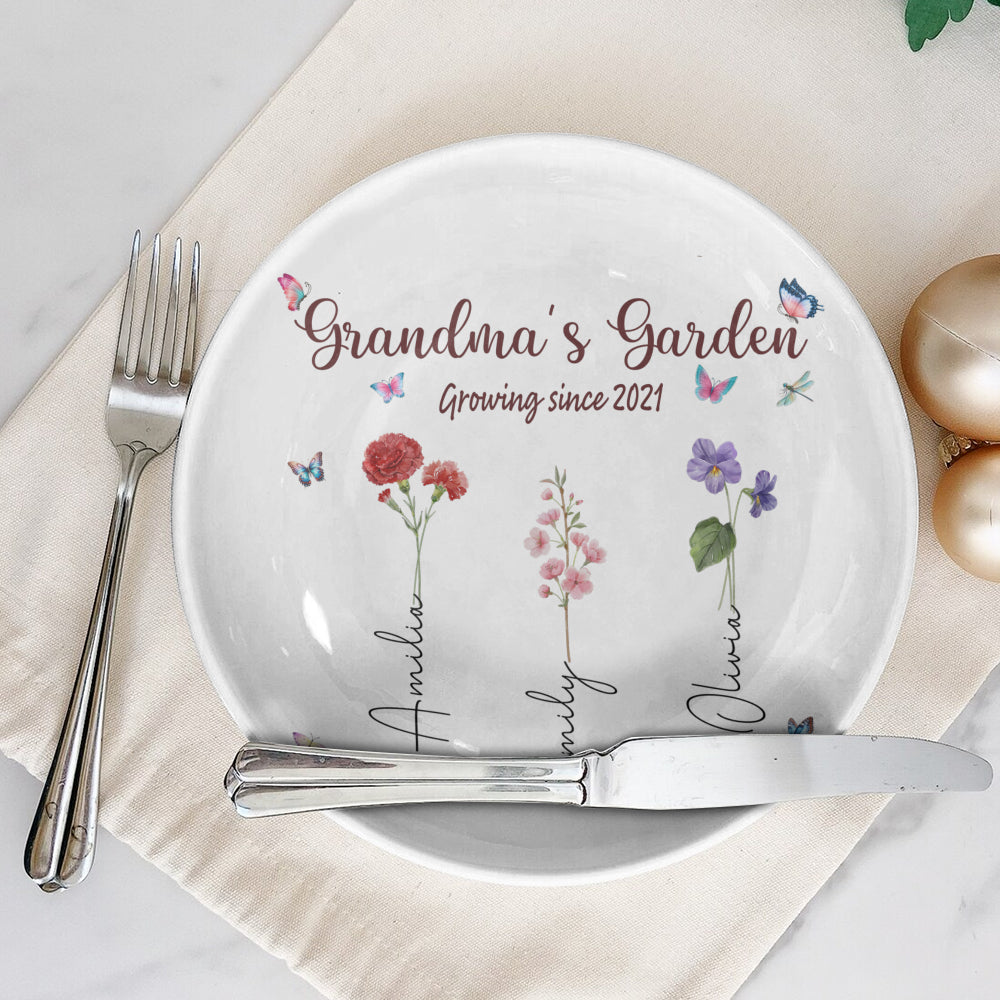 Grandma's Garden Growing Since Custom Year Grandchild's Name Birth Flower Ceramic Plate, Gift For Mom, Gift For Grandma