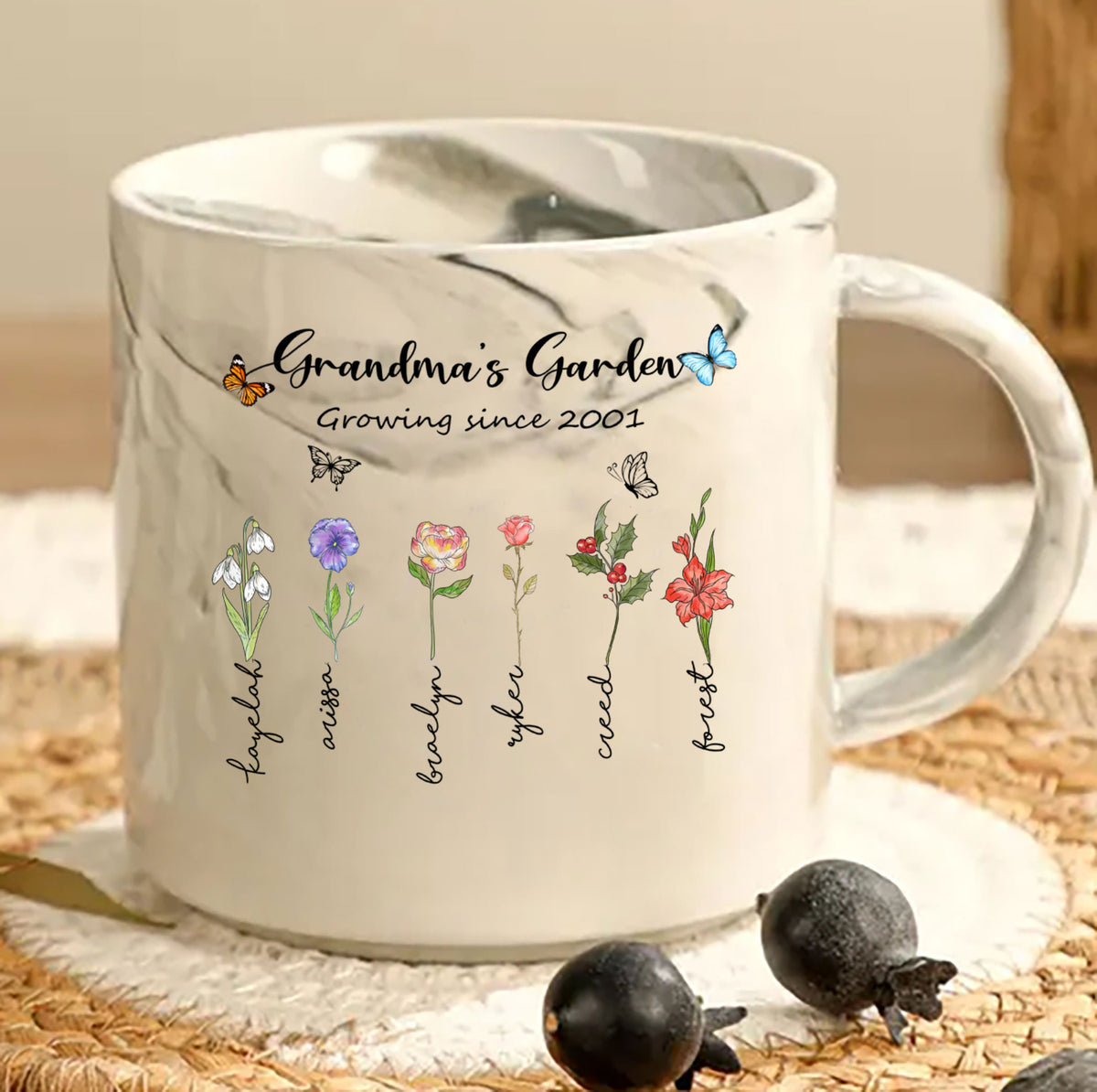 Grandma's Garden Growing Since Custom Year Grandchild's Name Birth Flower Marble Mug, Gift For Mom