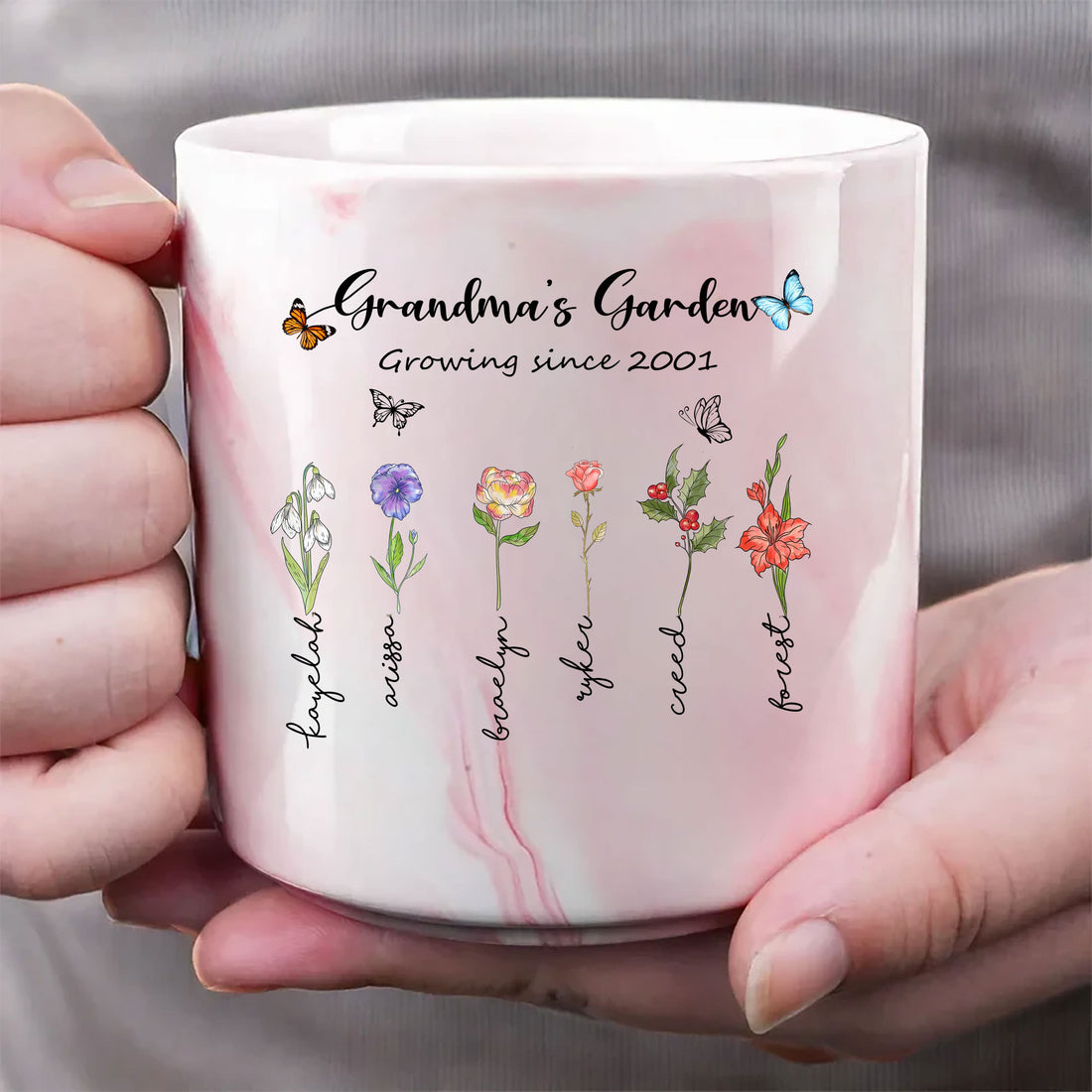 Grandma's Garden Growing Since Custom Year Grandchild's Name Birth Flower Marble Mug, Gift For Mom, Gift For Grandma