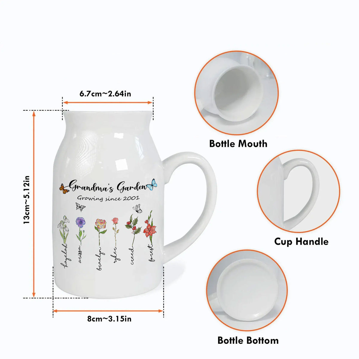 White ceramic flower vase with sizing dimensions, handle view, top opening, and bottom base in circular inset diagrams.