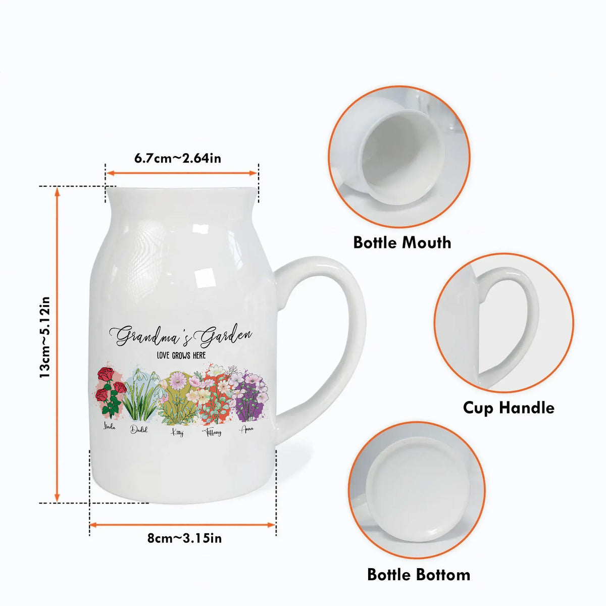 Grandma's Garden Love Grows Here - Birth Month Flower Custom Name Ceramic Vase
