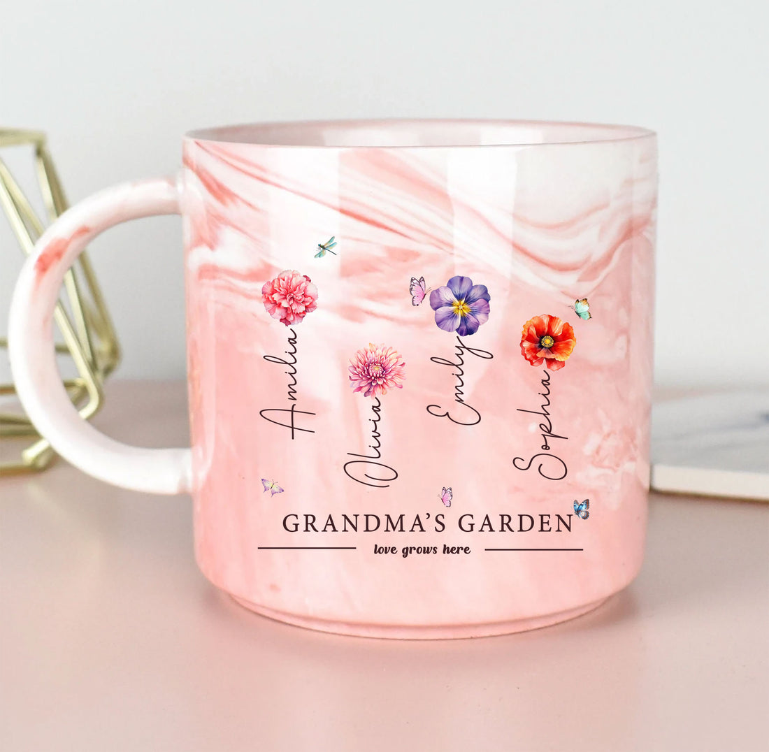Grandma's Garden Love Grows Here Birth Flower Custom Grandchild's Name Marble Mug