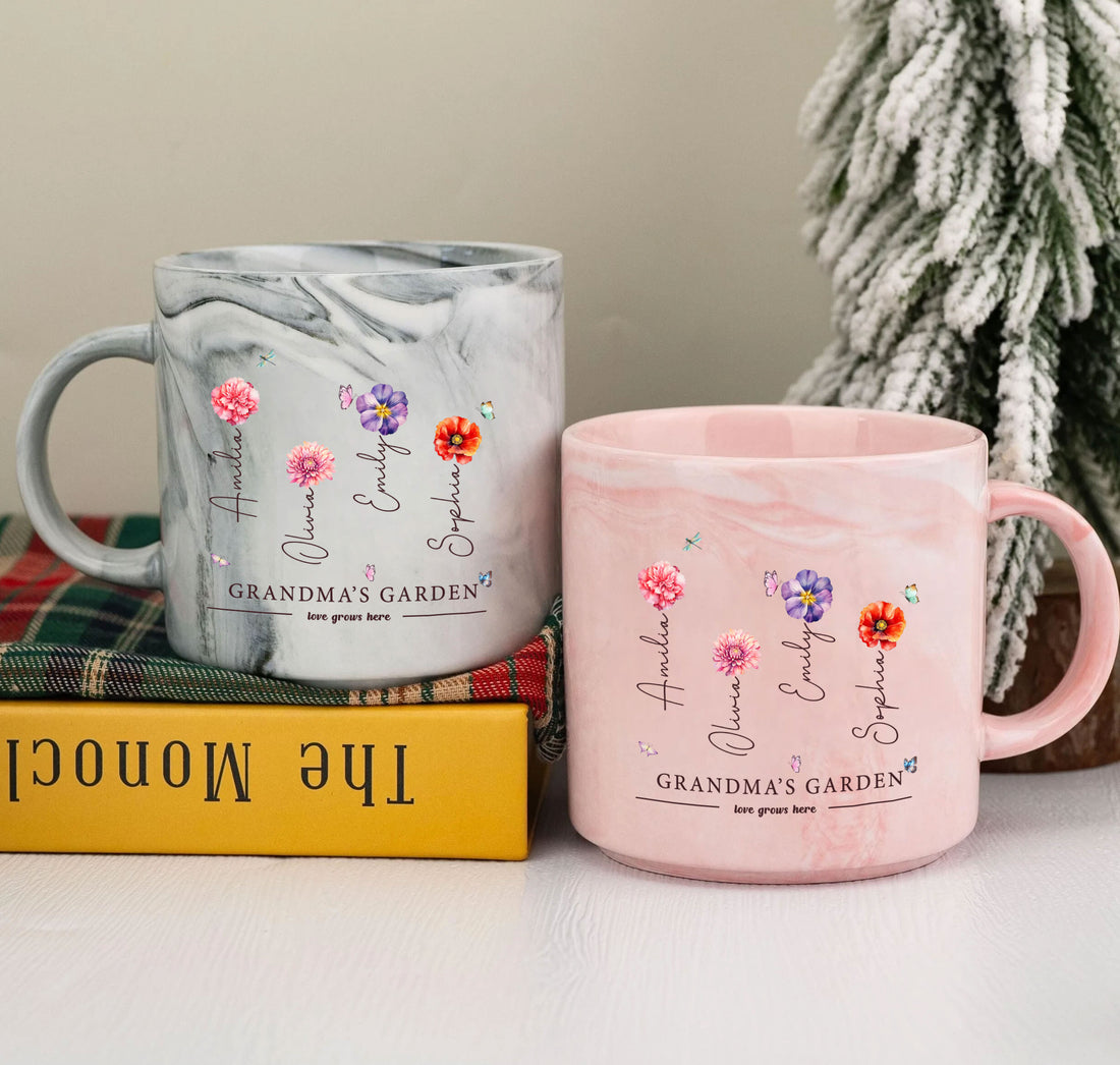 Grandma's Garden Love Grows Here Birth Flower Custom Grandchild's Name Marble Mug