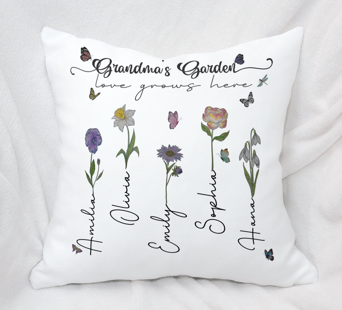 Grandma's Garden Love Grows Here Birth Flower Custom Grandchild's Name Pillow, Gift For Mom, Gift For Grandma