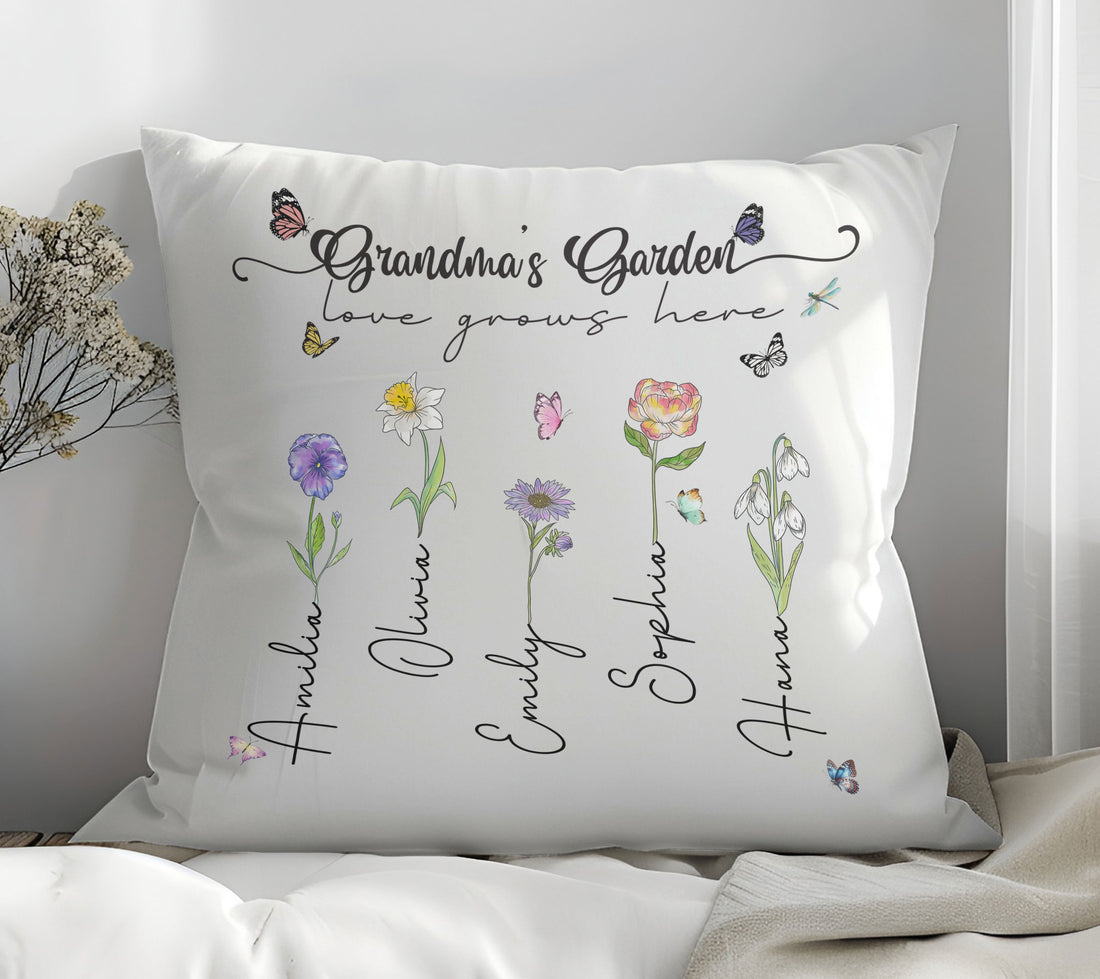 Grandma's Garden Love Grows Here Birth Flower Custom Grandchild's Name Pillow, Gift For Mom, Gift For Grandma, Birthday Gift, Mother's Day Gift