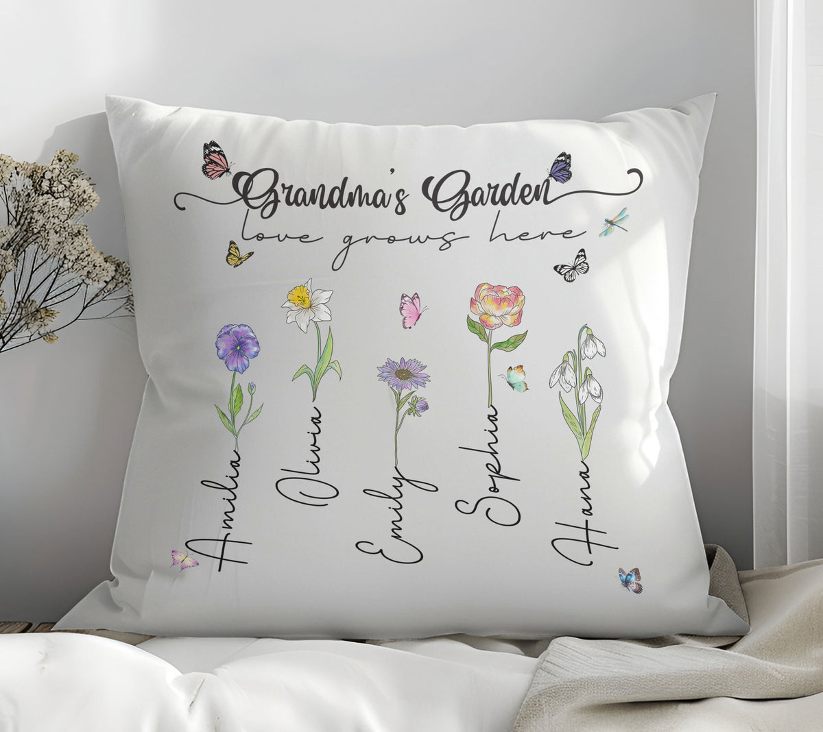 Grandma's Garden Love Grows Here Birth Flower Custom Grandchild's Name Pillow, Gift For Mom, Gift For Grandma, Birthday Gift
