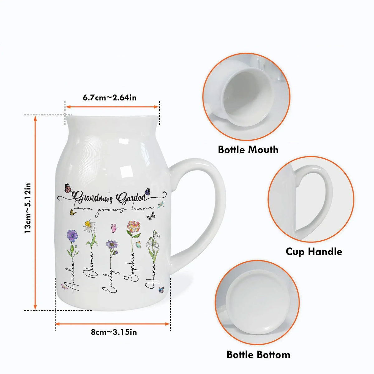 White ceramic vase with dimension callouts, bottle mouth, handle, and bottom detail insets.
