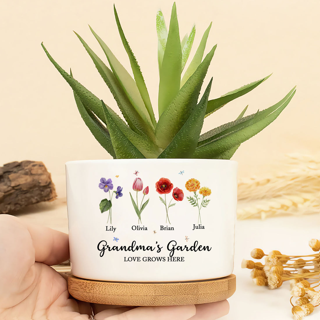 Grandma's Garden Love Grows Here Birth Flower Personalized Custom Name Ceramic Plant Pot (X)