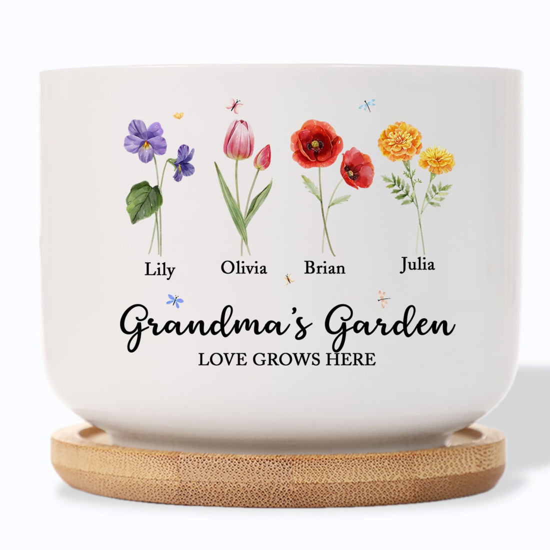 Grandma's Garden Love Grows Here Birth Flower Personalized Custom Name Ceramic Plant Pot (X)