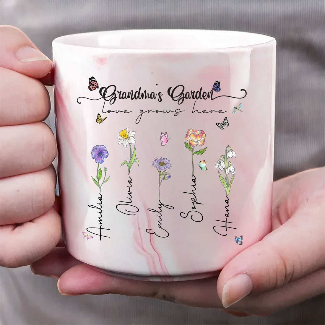 Grandma's Garden Love Grows Here Birth Flower Personalized Marble Mug, Gift For Mom, Gift For Grandma