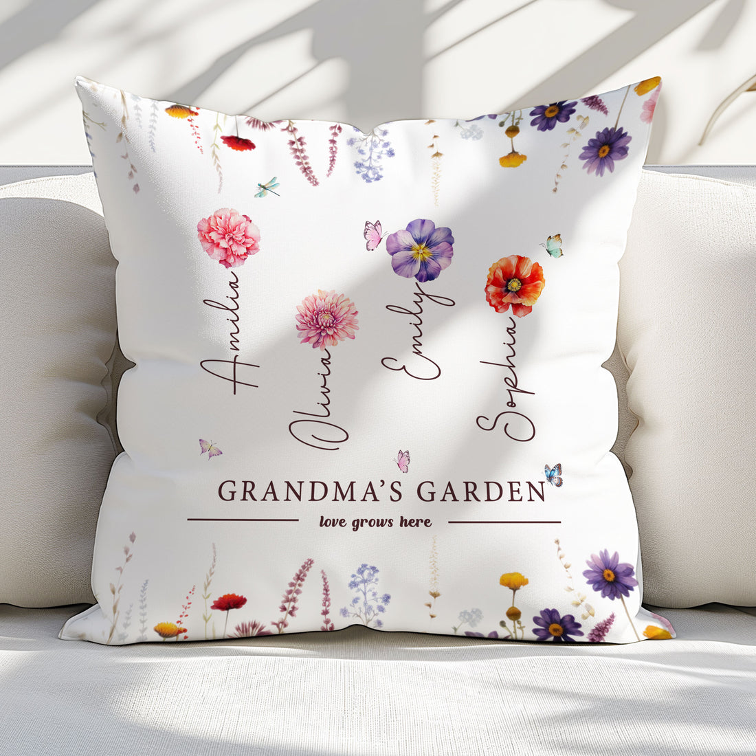 Grandma's Garden Love Grows Here Birth Flower with Custom Grandchild's Name Pillow