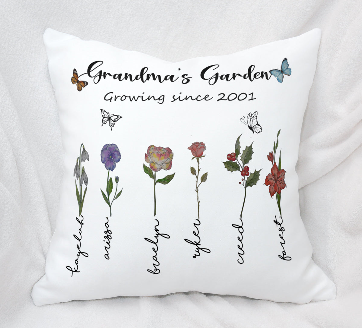 Grandma's Garden Pillow With Birth Flowers For All Grandchildren

