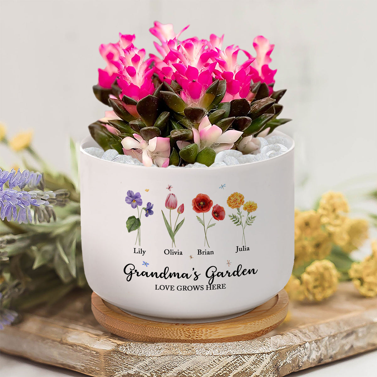 Grandma’s Garden: Where Love and Memories Blossom – Birth Flower Personalized Custom Name Ceramic Plant Pot