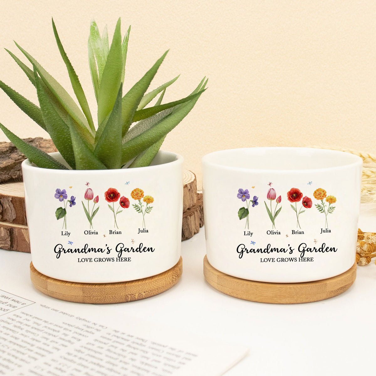 Grandma’s Love in Bloom: Birth Flower Personalized Custom Name Ceramic Plant Pot