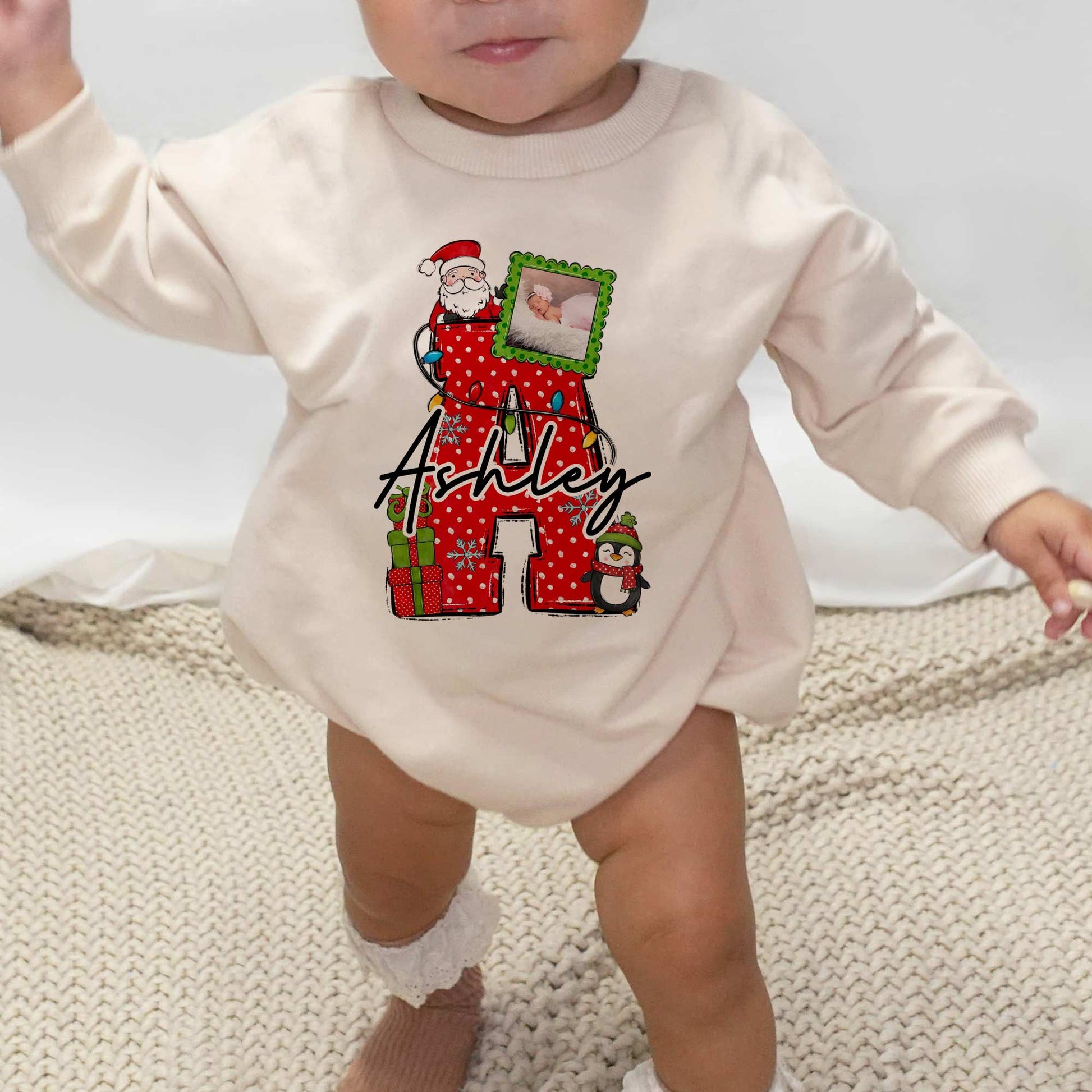 First Letter Custom Name Christmas Personalized Baby Romper - Short/Long Sleeve (0-2Y) - LuthCreative