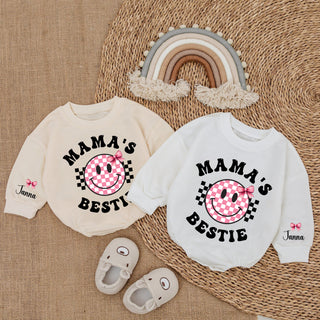 Baby Bodysuit Romper Long Sleeve Mama's Bestie Reindeer Personalized Custom Babysuit - Gift For Baby And Mom