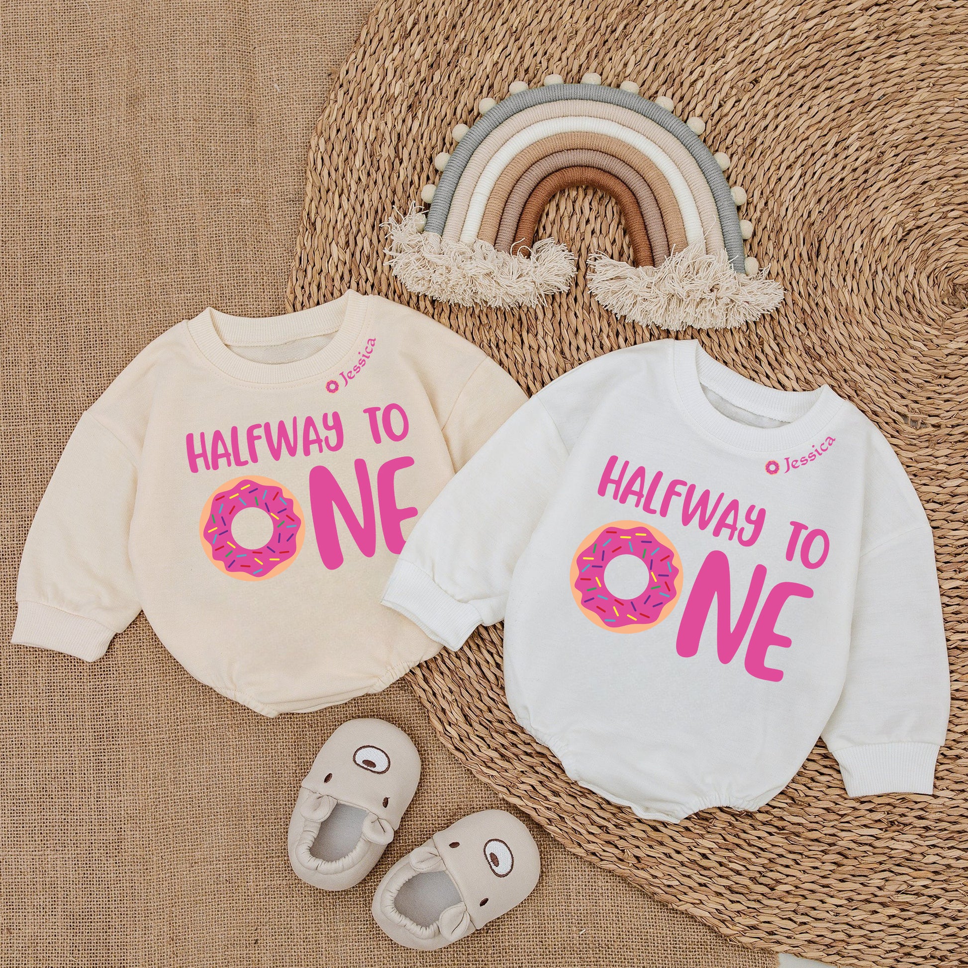 Baby Bodysuit Romper Long Sleeve Customize Halfway To One Personalized Custom Babysuit - Gift For Baby And Mom - LuthCreative