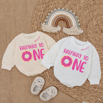 Baby Bodysuit Romper Long Sleeve Customize Halfway To One Personalized Custom Babysuit - Gift For Baby And Mom - LuthCreative