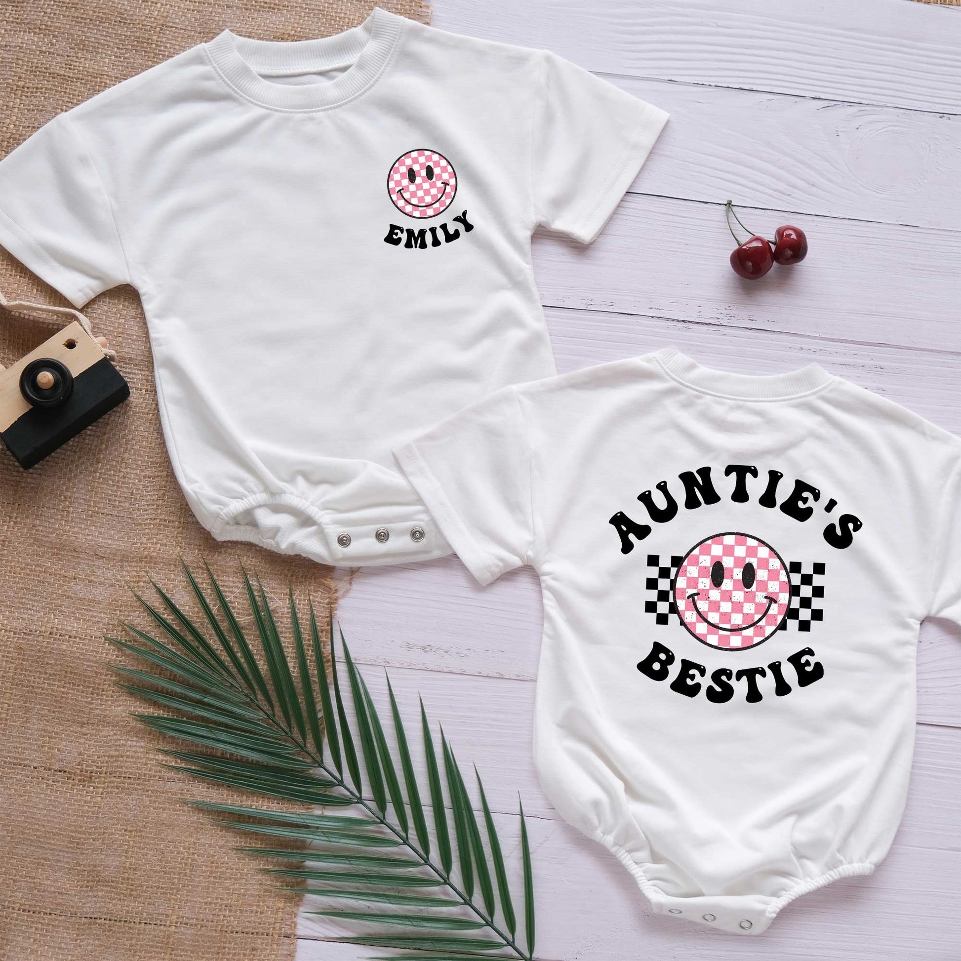 Auntie's Bestie Smile Face Custom Name Personalized Baby Romper - Short/Long Sleeve (0-2Y) - LuthCreative