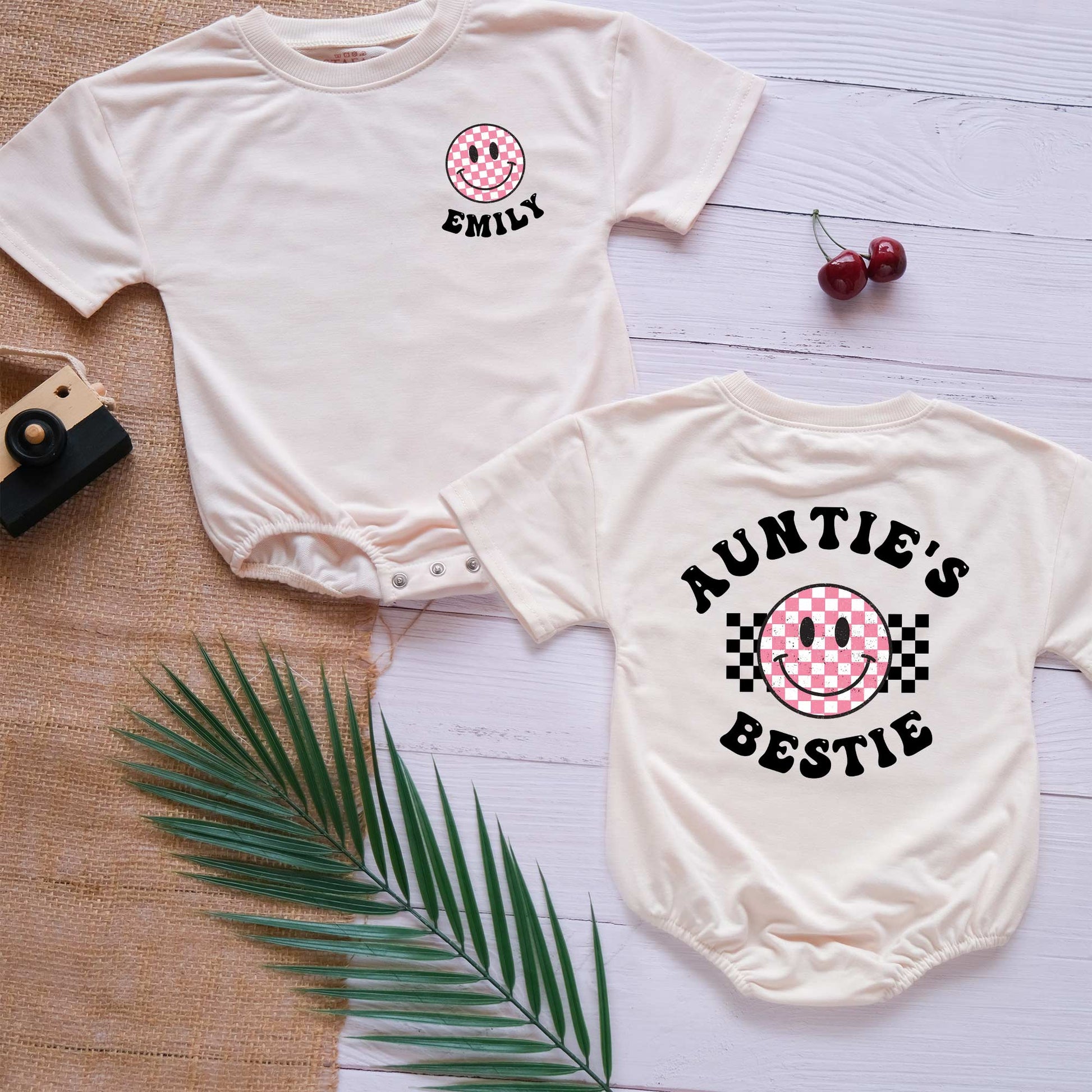 Auntie's Bestie Smile Face Custom Name Personalized Baby Romper - Short/Long Sleeve (0-2Y) - LuthCreative