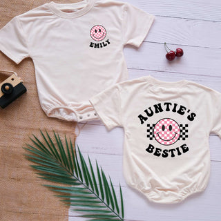 Auntie's Bestie Smile Face Custom Name Personalized Baby Romper - Short/Long Sleeve (0-2Y)