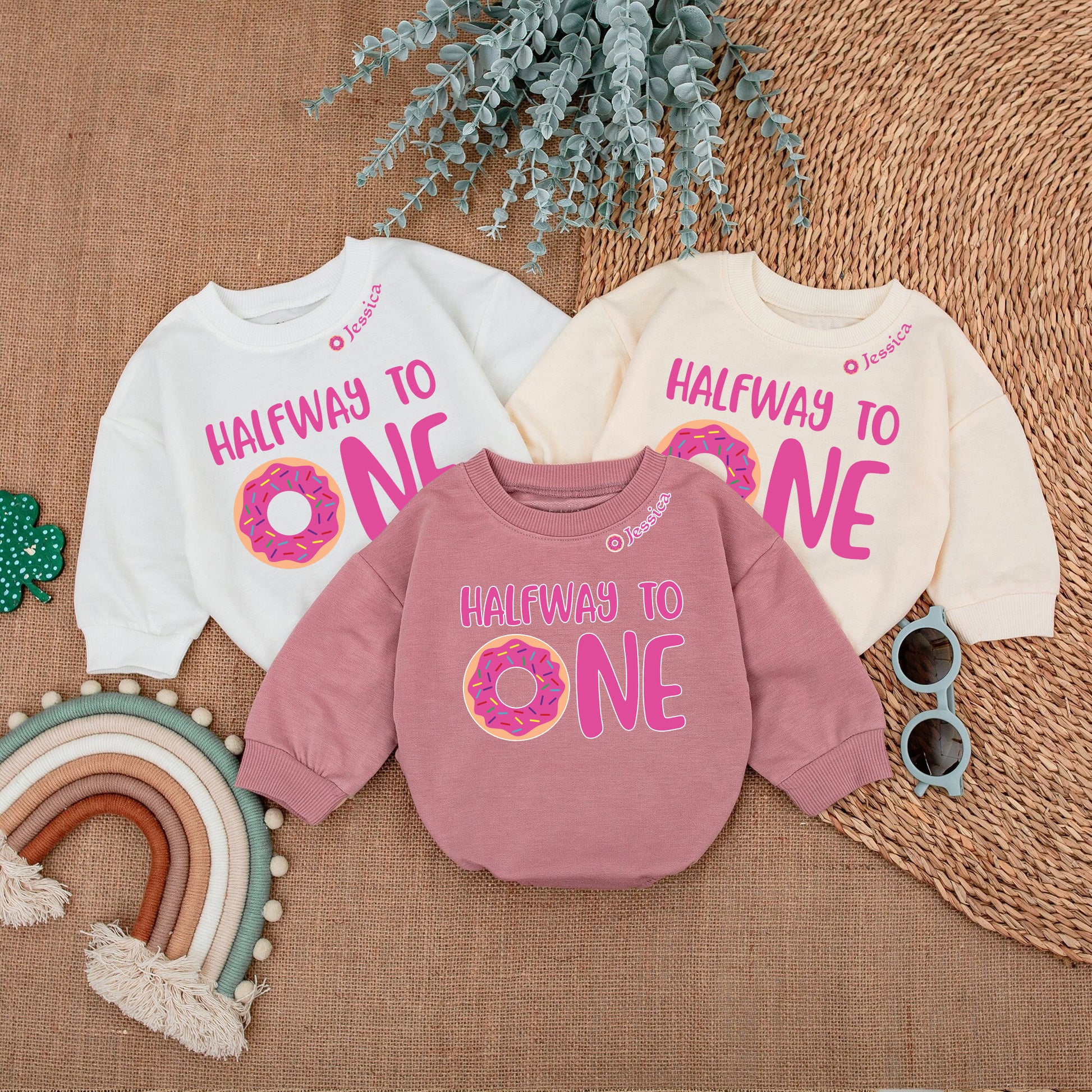 Baby Bodysuit Romper Long Sleeve Customize Halfway To One Personalized Custom Babysuit - Gift For Baby And Mom - LuthCreative