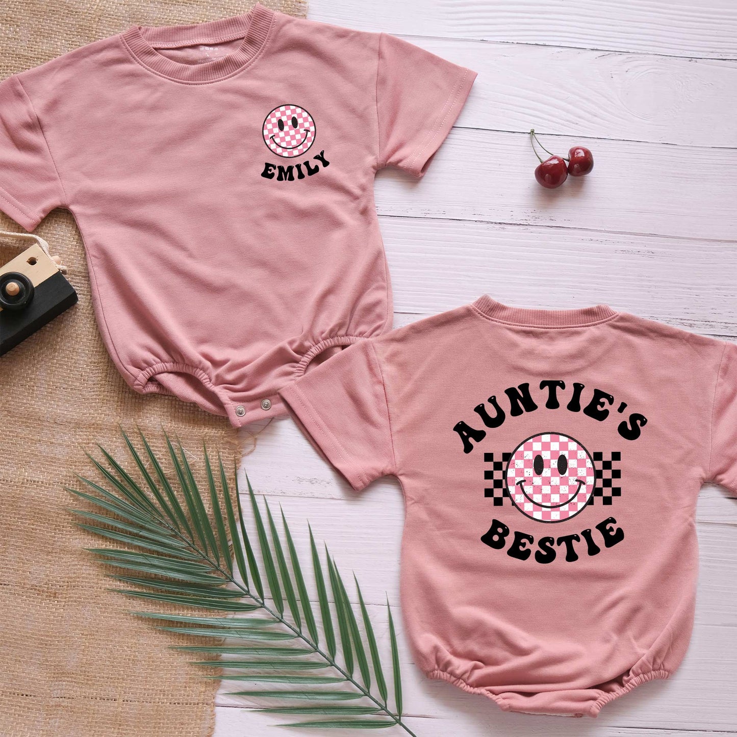 Auntie's Bestie Smile Face Custom Name Personalized Baby Romper - Short/Long Sleeve (0-2Y) - LuthCreative