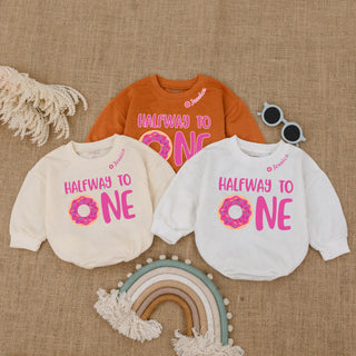 Baby Bodysuit Romper Long Sleeve Customize Halfway To One Personalized Custom Babysuit - Gift For Baby And Mom