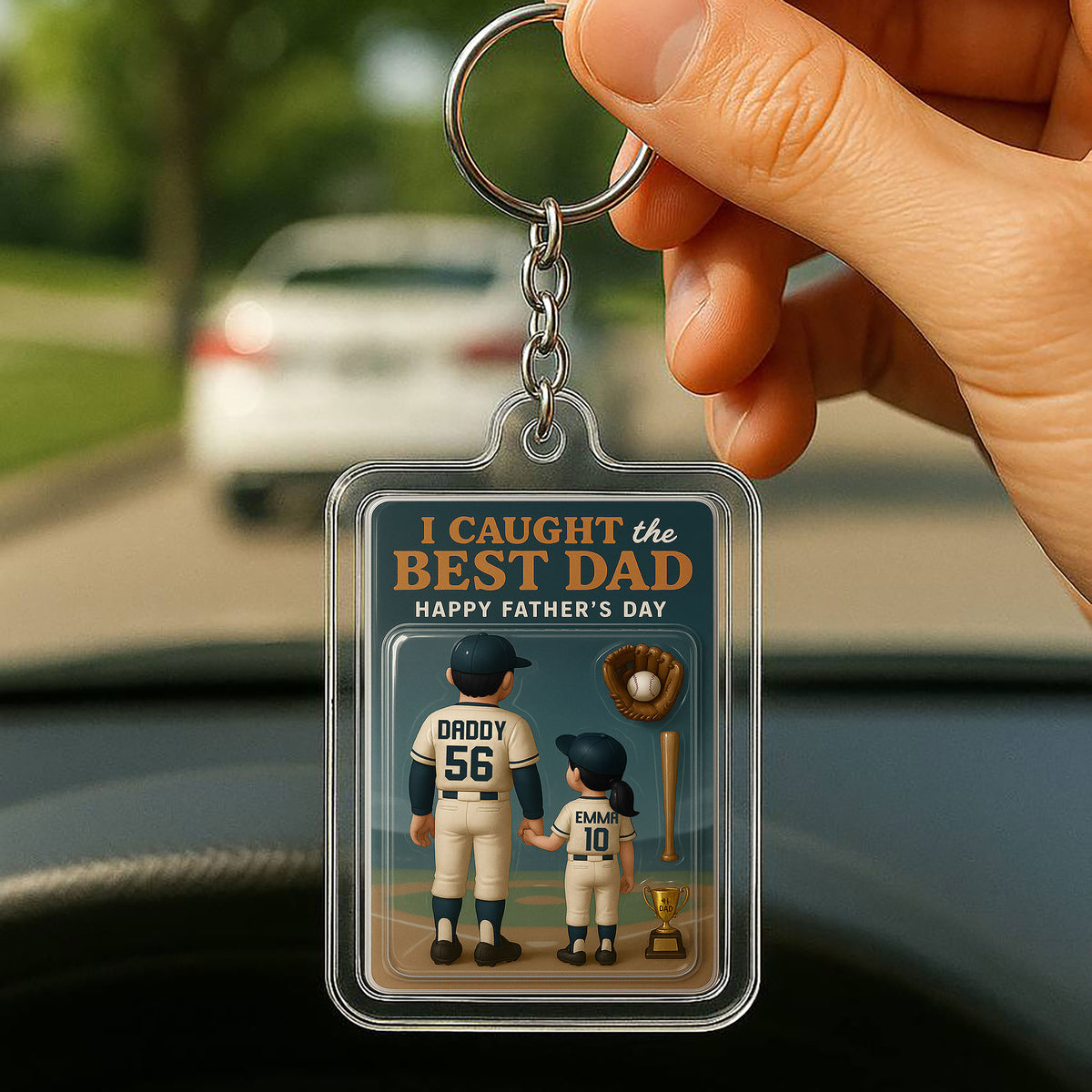 Happy Father’s Day Baseball Keychain – Personalized 3D Acrylic Gift for Dad from Daughter – I Caught the Best Dad Edition

