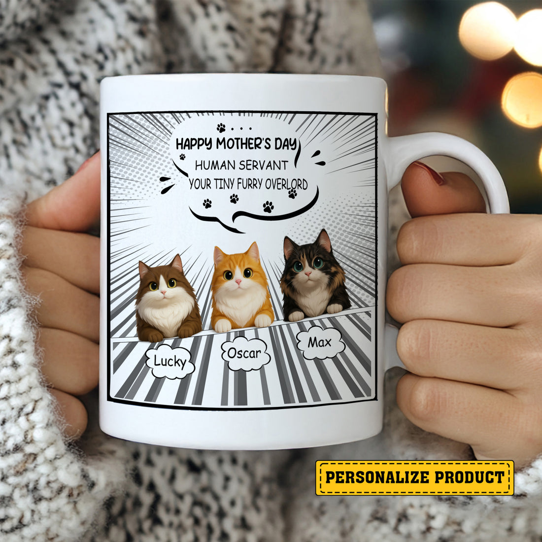 Happy Mother's Day Human Servant Your Tiny Furry Overlord - Personalized Comic Book Style Mug for Cat Mom