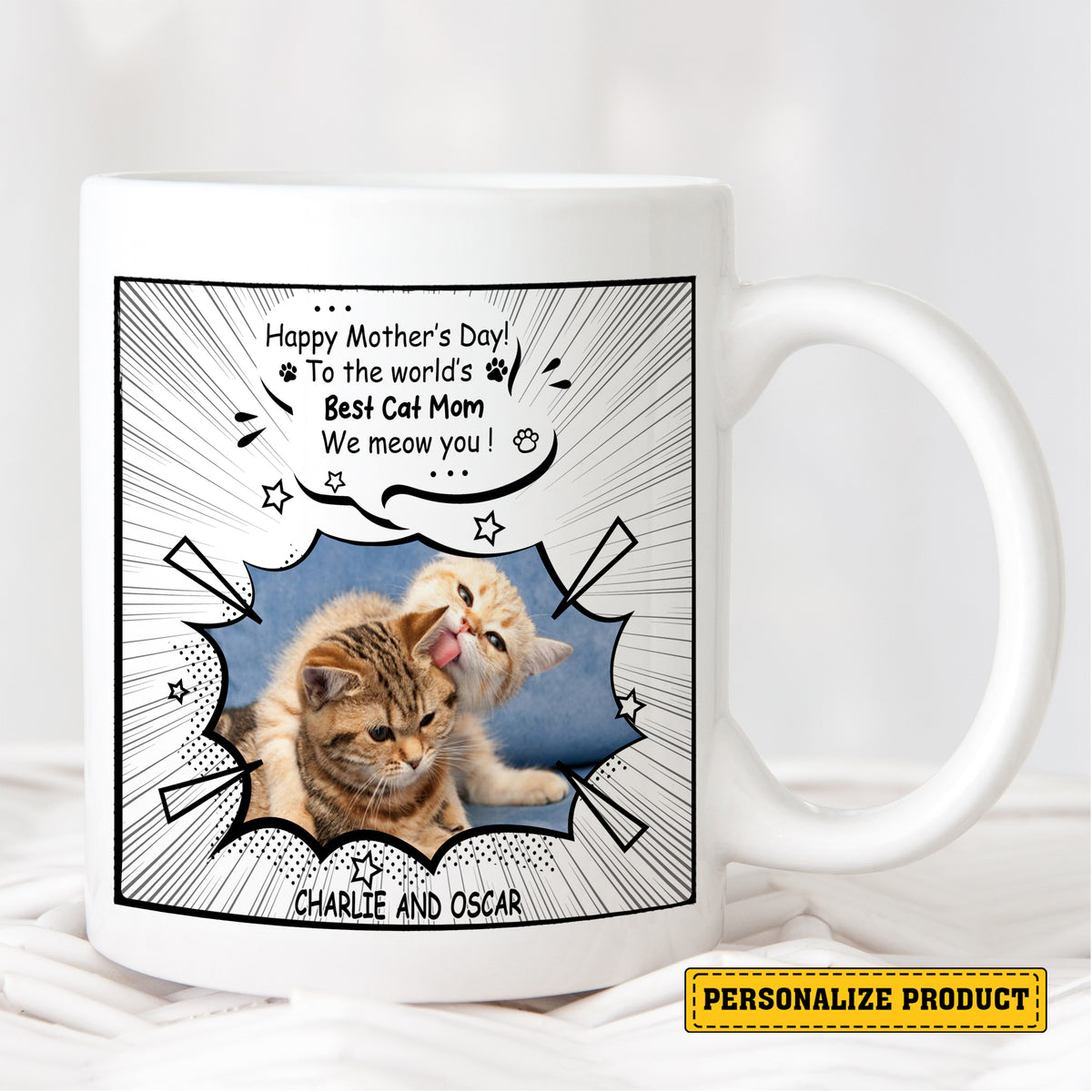 White ceramic mug with comic-style graphic of two kittens, speech bubble reading 'Best Cat Mom We meow you!', and pet names.