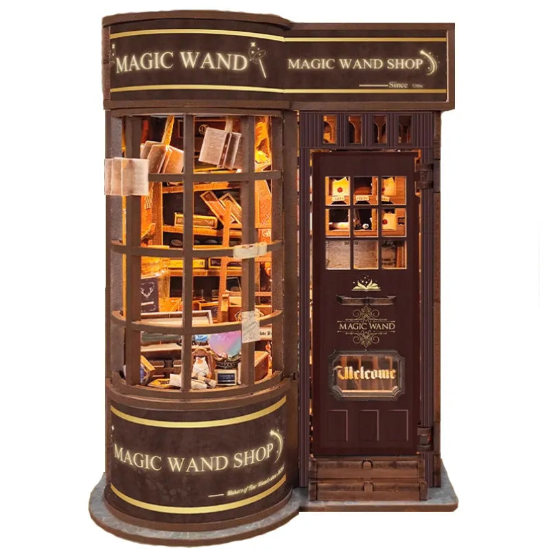 Front view of the wizard shop book nook against a white background, featuring rounded windows and a dark wood door.