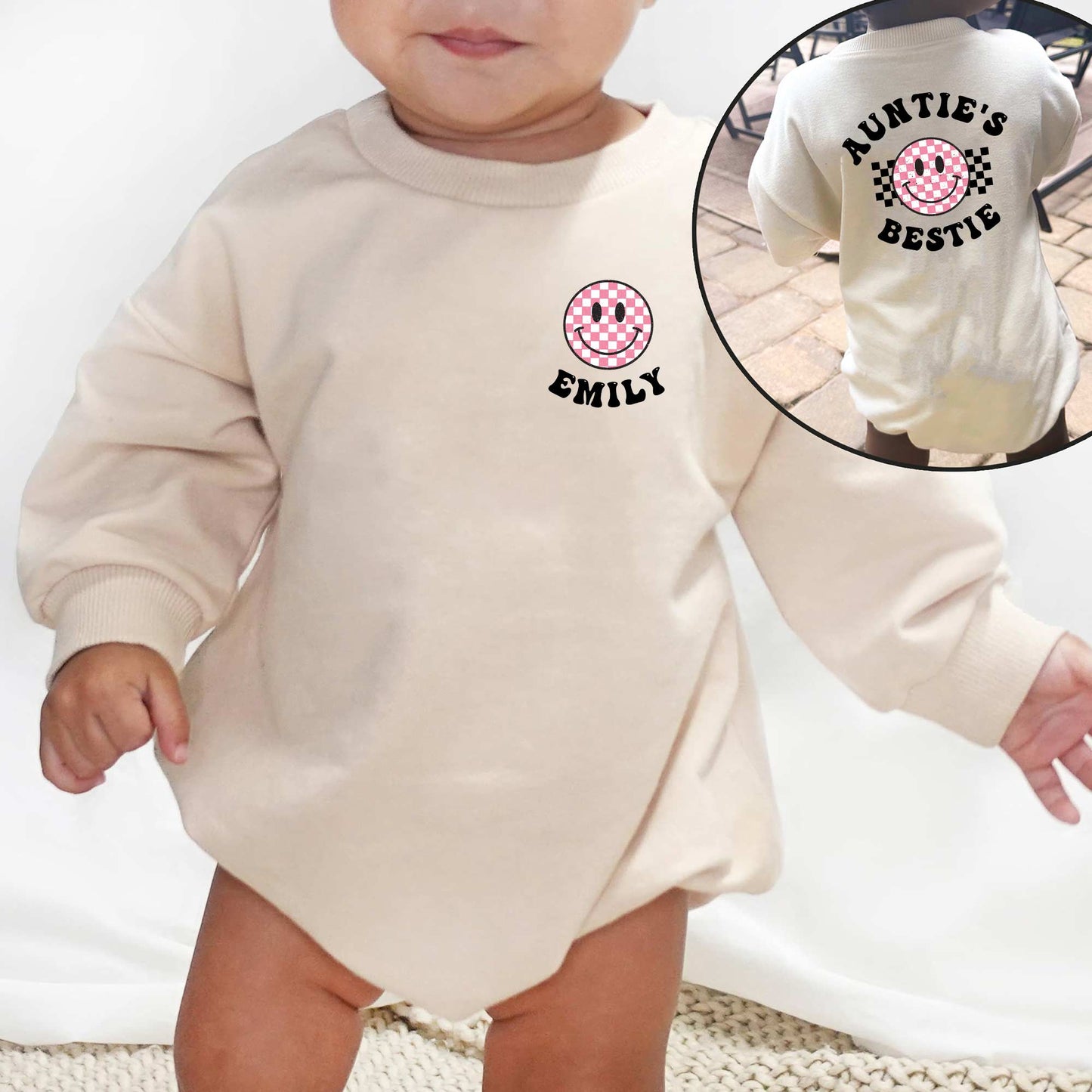 Auntie's Bestie Smile Face Custom Name Personalized Baby Romper - Short/Long Sleeve (0-2Y) - LuthCreative