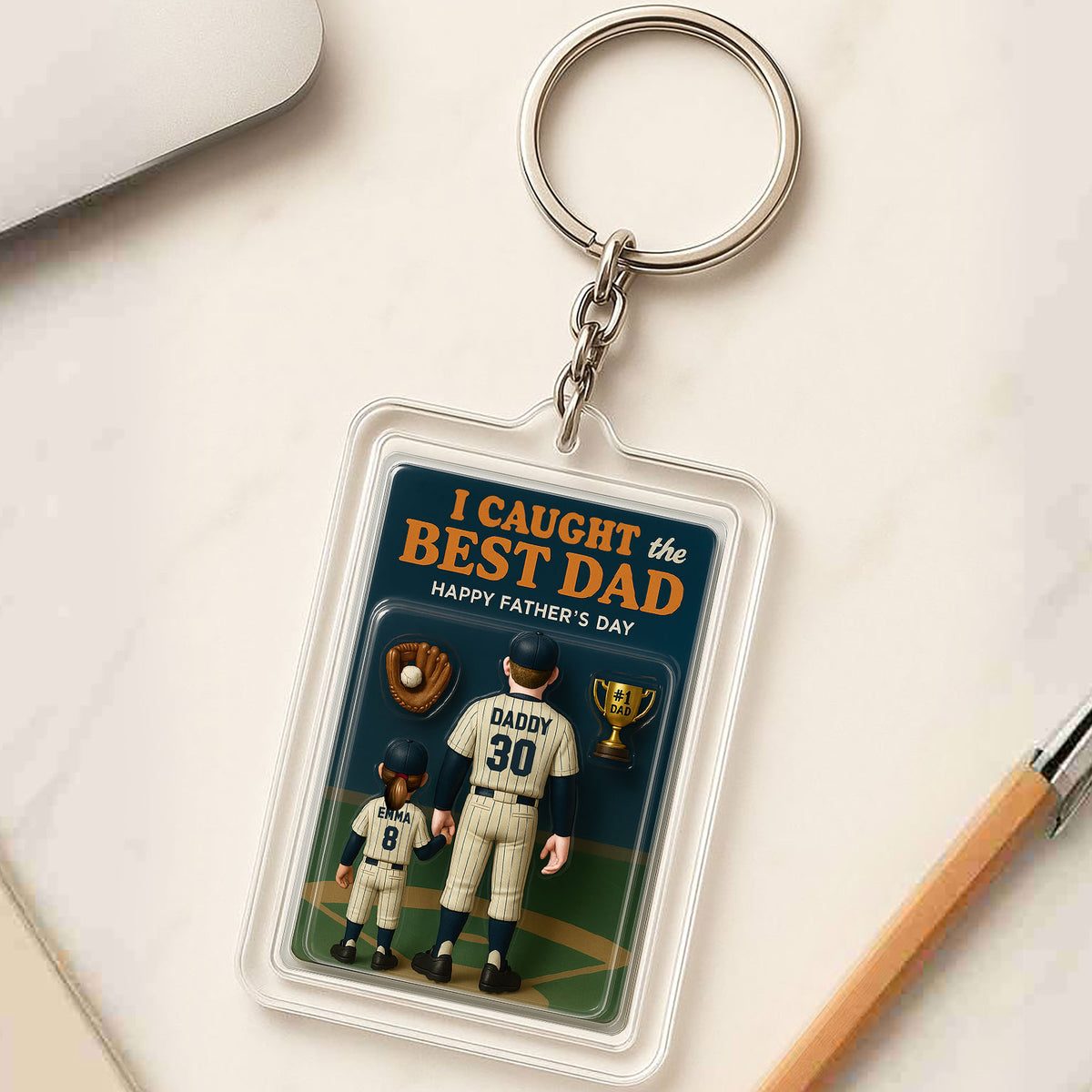 I Caught the Best Dad Baseball Keychain – Personalized 3D Acrylic Gift for Father’s Day – Dad and Daughter Edition

