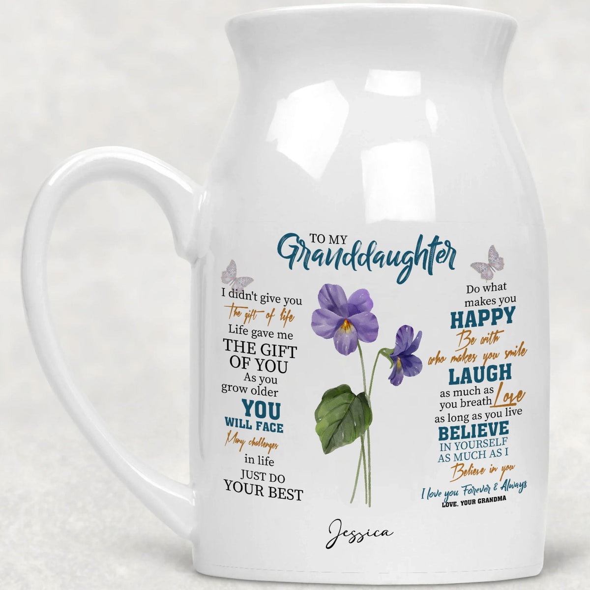 Personalized white ceramic birth flower vase for granddaughter with custom name Jessi