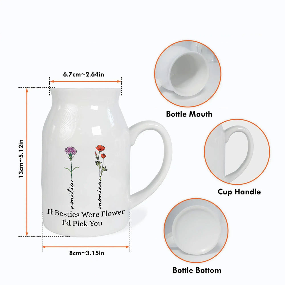 Diagram showing dimensions of the personalized ceramic flower vase with close-ups of the bottle mouth, handle, and bottom.