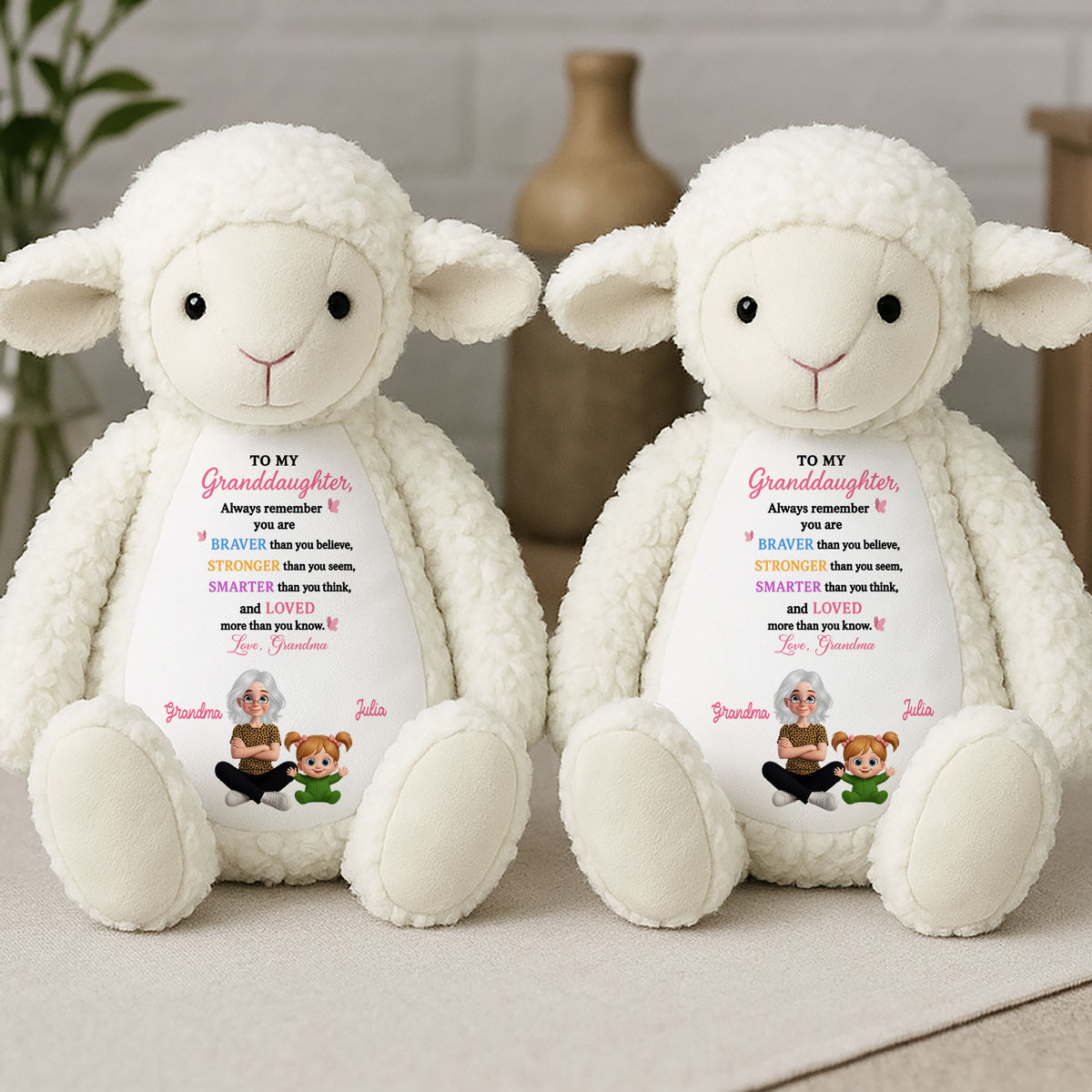 Inspirational Personalized Lamb Stuffed Animal - "Braver Stronger Smarter" Quote
