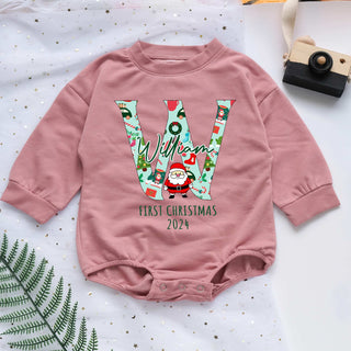 Custom First Letter First Christmas 2024 Personalized Baby Romper - Short/Long Sleeve (0-2Y)