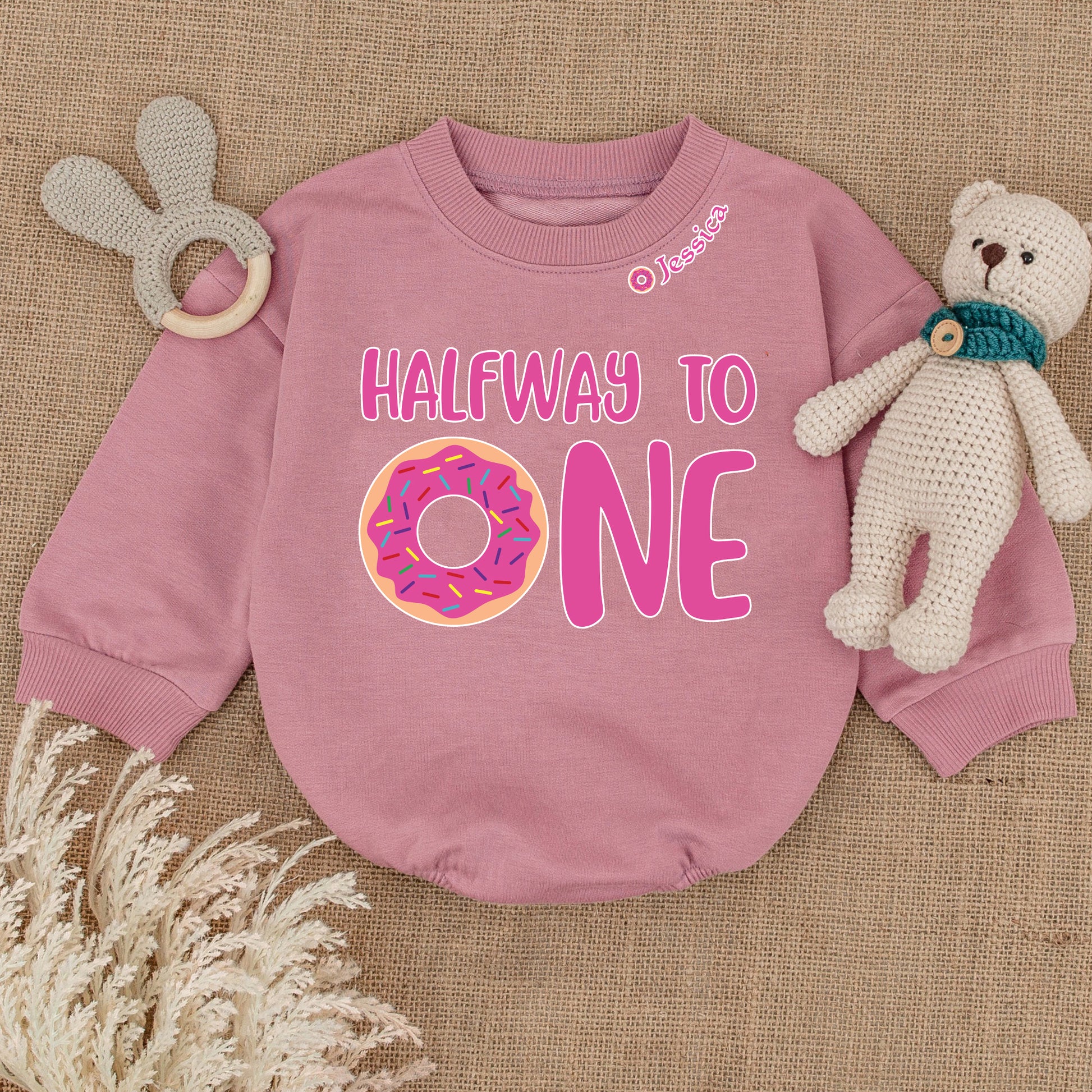 Baby Bodysuit Romper Long Sleeve Customize Halfway To One Personalized Custom Babysuit - Gift For Baby And Mom - LuthCreative