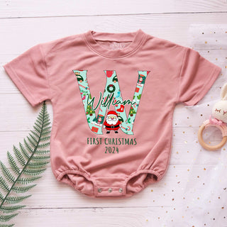 Custom First Letter First Christmas 2024 Personalized Baby Romper - Short/Long Sleeve (0-2Y)