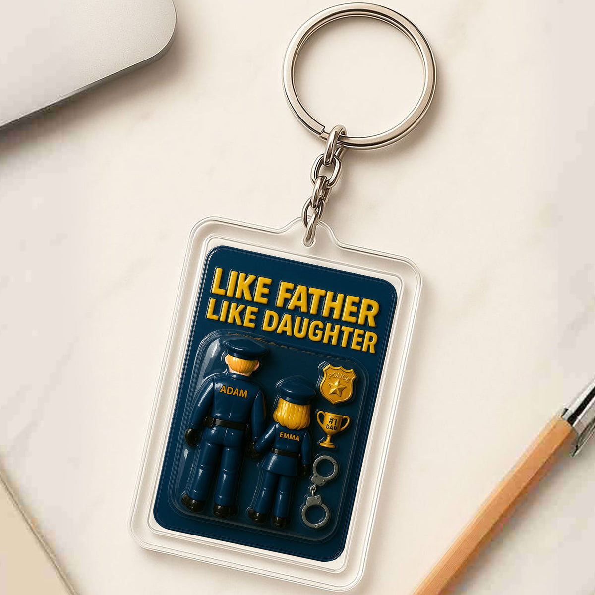 Like Father Like Daughter Police Officer Custom Father's Day Gift - 3D Keychain with Names