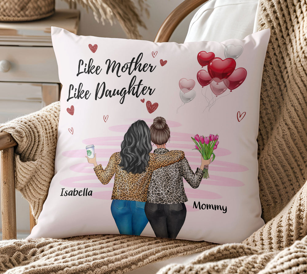 Personalized Like Mother Like Daughter pillow with mother-daughter illustration and heart balloons on a cozy chair.