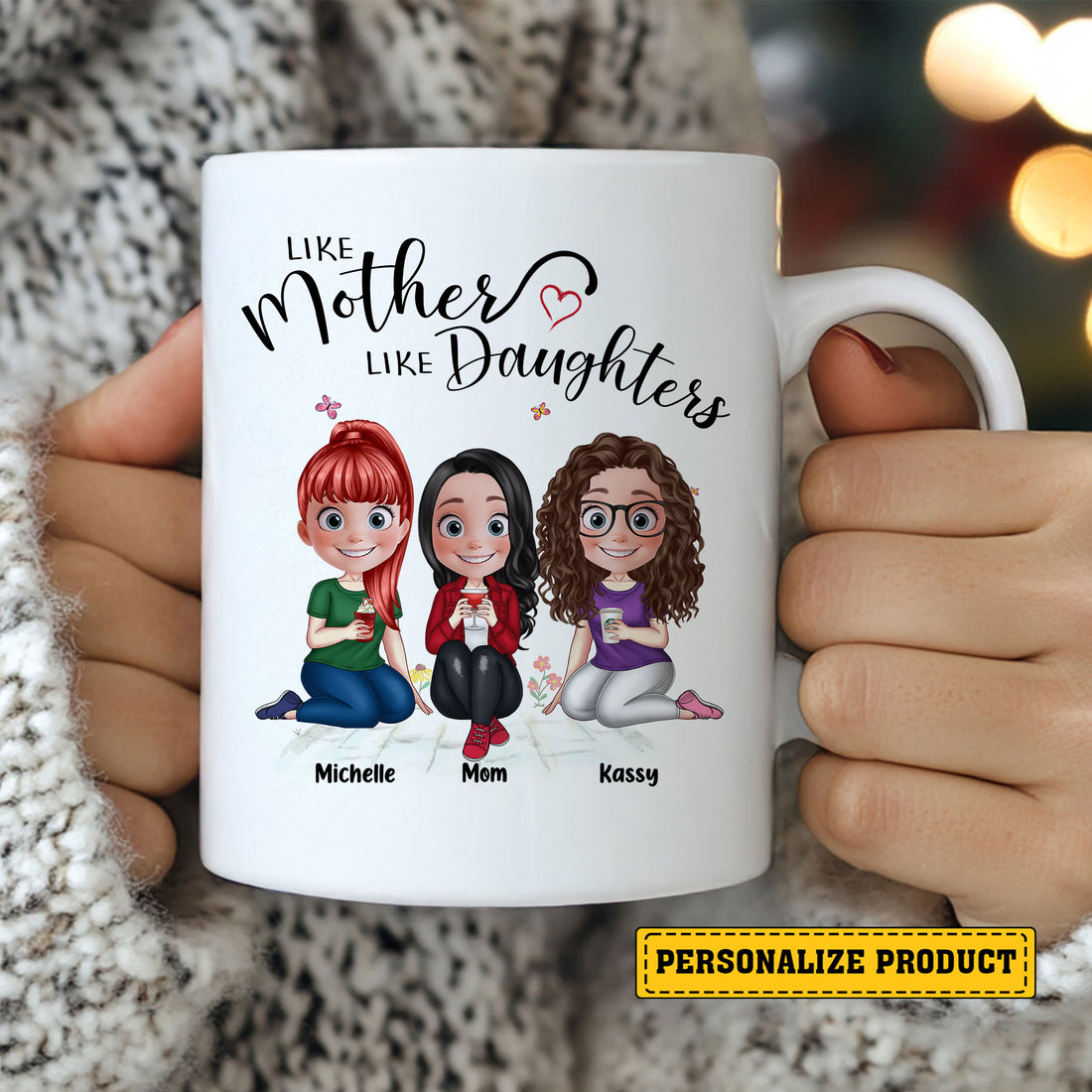 Celebrate the adorable 'Like Mother Like Daughters' bond with this charming White Ceramic Mug. Choose the perfect size and add a personal touch to create a personalized mug that the dog mom in your life will absolutely love!